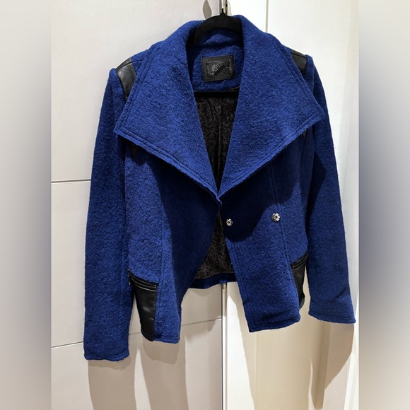 Jackets & Blazers - Line knit jacket in blue with black leather trim. Size Small (fits like a 2-4).